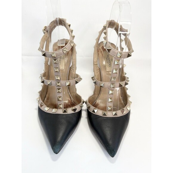 Valentino Garavani Rockstud Ankle Strap Pump Black w/ Gold Studs Sz EU 37.5 - Picture 3 of 16